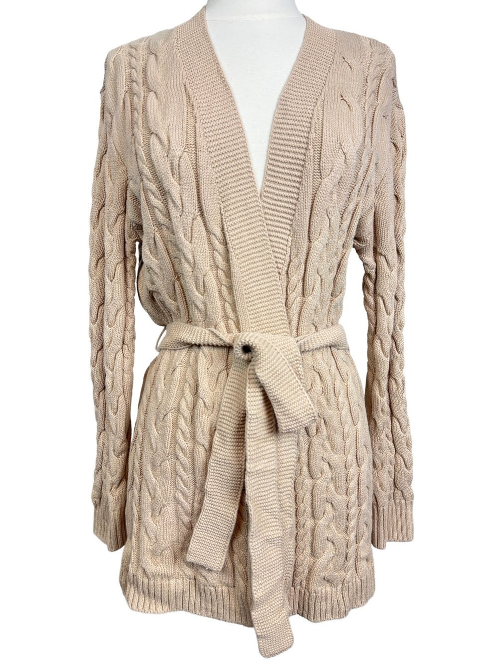 Evereve Cable Knit Belted Cardigan Size Small Beige Cotton Blend Minimalist